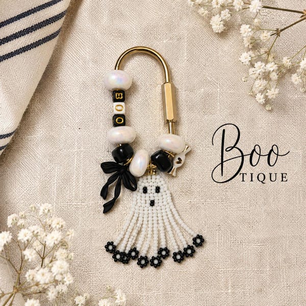 Beaded Ghost Bag Charm | Halloween "BOO" Carabiner Accessory, Black Bow Fall Purse Clip