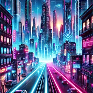 Cyberpunk Digital Art - Futuristic Neon Cityscape - Sci-Fi Aesthetic Wall Prints