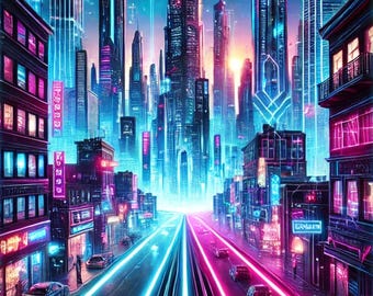 Cyberpunk Digital Art - Futurystyczny Neon Cityscape - Estetyczne wydruki ścienne Sci-Fi