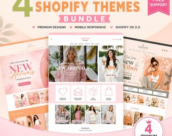 4 Shopify Themes Bundle - Boutique Website Template, Cute Clothing Store Design, Aesthetic Pastel Fashion, Canva Banners, OS 2.0