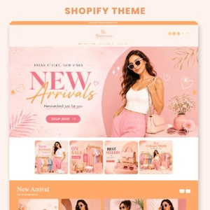 Puede incluir: Un diseño de tema de Shopify con una paleta de colores rosa y un banner principal que muestra el texto NEW Arrivals, Fresh Styles, New Vibes y Shop Now. El diseño incluye varias secciones de categorías de productos con imágenes de ropa.