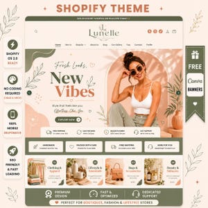 Może przedstawiać: Szablon motywu strony internetowej Shopify z paletą kolorów w odcieniach miękkiego beżu i szałwiowej zieleni. Układ zawiera nagłówek z logo Lunelle, sekcję główną z osobą w białym topie i okularach przeciwsłonecznych oraz cztery pola kategorii.