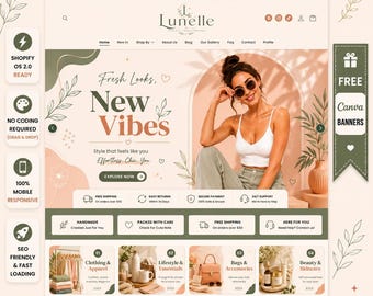 Lunelle Shopify Theme - Sage Green Boutique Website Template, Earthy Boho Clothing Store, Neutral Lifestyle Shop, Canva Banners, OS 2.0