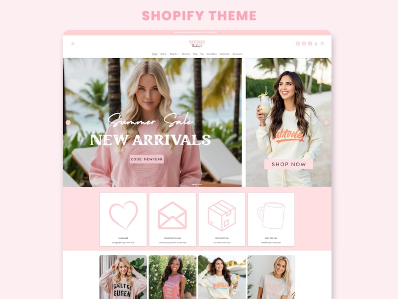 May include: A pink Shopify theme website design with a summer sale banner and new arrivals section. The website features images of people wearing clothing, with icons for design, delivery, and more. The text "SHOP NOW" is visible.