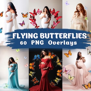 60 Butterfly Overlays PNG – Flying Butterflies for Photoshop, Maternity Portraits, Digital Backdrops, Spring & Summer Photo Effects