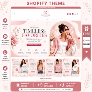 Könnte beinhalten: Eine Shopify-Website-Theme-Vorlage für eine Boutique in einem rosa-weißen Farbschema. Das Layout enthält eine Kopfzeile mit dem Roselle Boutique-Logo, einen Hauptbereich mit einem Model in einem rosa Hemd und vier Produktkategorien.