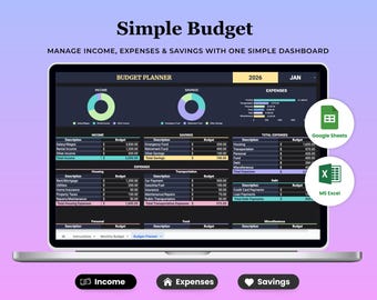 Simple Budget Planner Spreadsheet | Monthly Budget Tracker for Google Sheets and Excel | Income and Expense Dashboard | Dark Mode