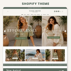 May include: A website interface for Sage Muse Boutique featuring a navigation bar, search icon, and social media links. The homepage displays two large hero images of models in dresses, followed by three smaller promotional banners for clothing collections.