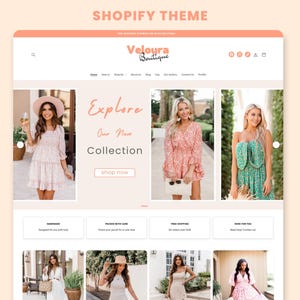 May include: A website mockup for Veloura Boutique, showcasing a Shopify theme. The design features a peach and white color scheme with images of dresses. The text "Explore Our New Collection" is prominent, with a "Shop Now" button.