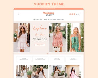 Veloura Boutique Shopify Theme | Clothing Website Template | Peach, Cute & Feminine Design | Editable Canva Templates | Shopify OS 2.0