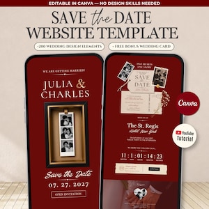 Peut inclure: Un modèle de site web numérique Save the Date pour appareils mobiles avec un fond rouge profond et du texte blanc. Le design inclut des détails de mariage, une bande photo, un compte à rebours et le texte Julia & Charles, Save the Date.