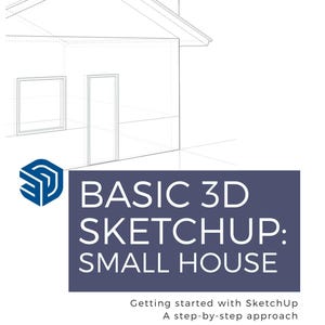 Könnte beinhalten: Eine Strichzeichnung eines kleinen Hauses mit einem einfachen Dach, einer Tür und einem Fenster. Die Zeichnung ist in Schwarzweiß und auf blauem Hintergrund. Der Text "BASIC 3D SKETCHUP: SMALL HOUSE" ist in weißer Schrift auf dem blauen Hintergrund. Der Text "Getting started with SketchUp A step-by-step approach" ist in weißer Schrift auf dem blauen Hintergrund. Der Text "Maz Aiera Mohd Mazli" ist in weißer Schrift auf dem blauen Hintergrund.