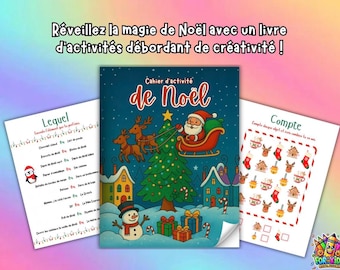 Könnte beinhalten: Ein weihnachtliches Aktivitätsbuch mit dem Weihnachtsmann im Schlitten, einem Schneemann und einem Weihnachtsbaum. Das Buch ist umgeben von Arbeitsblättern mit Zähl- und Zuordnungsspielen. Der Text lautet "Weihnachts-Aktivitätsbuch".