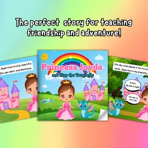 May include: A children's book cover with a pink castle, a rainbow, and a princess with a dragonfly. The title of the book is "Princess Jayde and Zipp the Dragonfly".