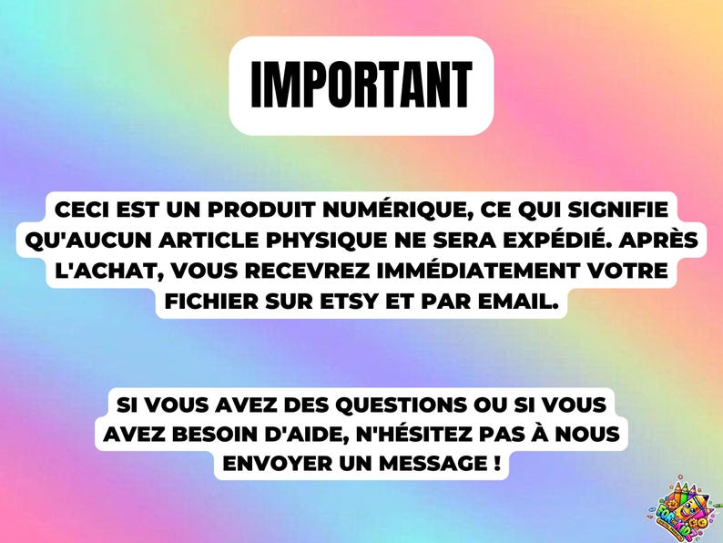 May include: A digital product announcement on a colourful background. The text in the image states that no physical items will be shipped and the digital file will be received via Etsy and email. It also encourages customers to send a message with any questions.