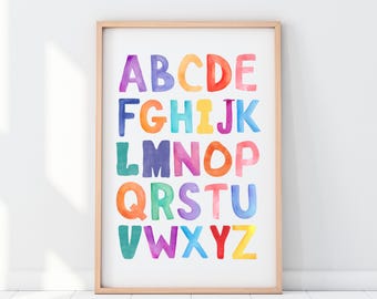 Rainbow Alphabet Poster, Watercolor, Educational PRINTABLE Wall Art, Rainbow Classroom Decor, Homeschool, Back to School, DIGITAL DOWNLOAD
