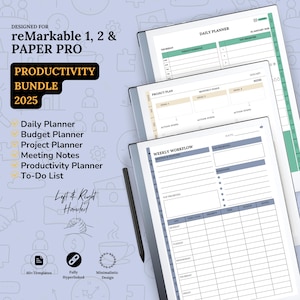 Productivity planners for Remarkable 2 and PaperPro, daily planner, digital planner, budget planner, Remarkable template, 2025-2026 calendar