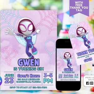 Girl Ghost Spidey Birthday Invitation, Printable Spidey and His Amazing Friends Invitation, Girl Kids Birthday Invite, Canva Template
