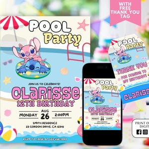 Stitch Editable Birthday Invitation Template, Stitch Pool Printable Birthday Invitation, Digital Kids Party Invite, Digital Bday Card Invite