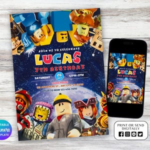Roblox Invitation, Roblox Invite, Game Party, Roblox Boys Birthday Invitation Template, Game Birthday, Kids Roblox, Editable Template, Canva