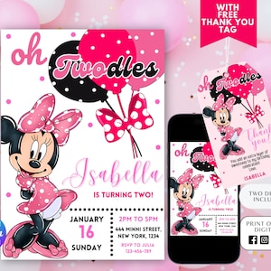 Minnie Mouse Birthday Invitation, Minnie Mouse Birthday Invite Template Printable, Minnie Mouse Invitation, Canva Editable, Thank you tag