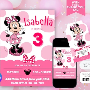 Minnie Mouse Birthday Invite Template Printable, Minnie Mouse Birthday Invitation, Minnie Mouse Invitation, Canva Editable, Thank you tag