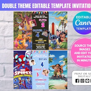 Editable Sibling Birthday Invitation, Double Birthday Invite, Dual Combined Twins, Boy and Girl Double Invite, 5x7 Editable with Canva