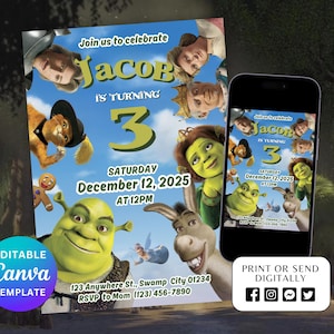 Editable Shrek Party Invitation, Minimalist Shrek Costume Party invite, Digital Download, Canva Template, Shrek Invitation, Shrek Invite