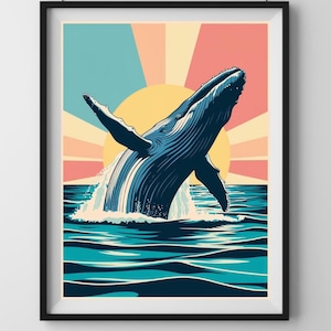 Whale Breaching in Sunset Wall Art - Retro Whale Print