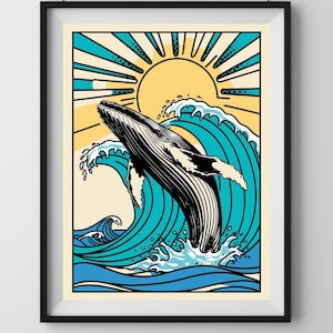 Whale Breaching in the Waves - Retro Art Print
