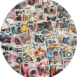 May include: A set of colorful vintage camera stickers. The stickers feature a variety of camera designs, including film cameras, digital cameras, and Polaroid cameras. The stickers are perfect for adding a touch of vintage style to your laptop, water bottle, or journal.