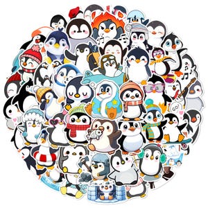 May include: A collection of colorful penguin stickers with various poses and expressions. The stickers feature penguins wearing hats, scarves, and holding objects like a guitar and a fish. The stickers are perfect for adding a touch of whimsy to any project.