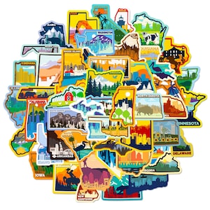 May include: A collection of colorful stickers shaped like U.S. states. Each sticker features a unique illustration of landmarks, landscapes, and cityscapes. The stickers are in various colors, including blue, yellow, orange, and green.