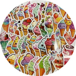 May include: A sheet of colorful ice cream cone stickers with various toppings and designs. The stickers feature a variety of colors, including pink, blue, green, yellow, and purple. The stickers are perfect for decorating laptops, water bottles, notebooks, and other items.