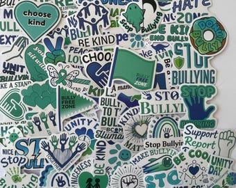 May include: A collection of assorted stickers in shades of blue and green, featuring anti-bullying messages and symbols. Text includes phrases like Choose Kind, Stop Bullying, No Hate Zone, Be Kind, and Bully Free Zone, alongside icons of hearts, hands, and flags.