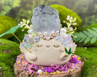 Eroded Phantom Fluorite Clay Figurine Decor, Cottagecore Decor with Natural Crystal, Valentines Gift 2026