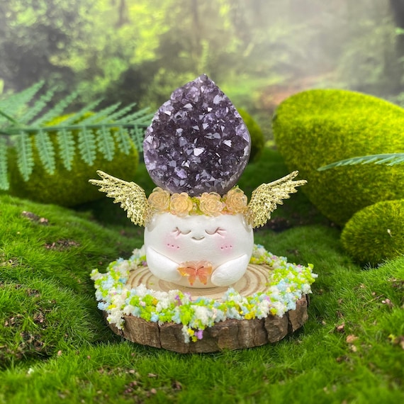 Cozy Accessories Gift, a Fairy Clay Figurine Decor with Amethyst Geode, Desk Decor for Women