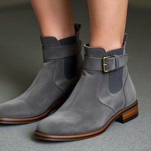 Handmade Grey Suede Leather Ankle Boots for Men&#39;s | Buckle Strap Dress Boots – Handcrafted Footwear | Gift For Him | Party Boots, Work Boots