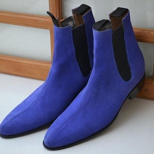 Men’s Handmade Blue Suede Chelsea Boots – Slip-On Dress Boots with Black Elastic Side, Gift For Him, Party Boots, Event Boots, Chelsea Boots