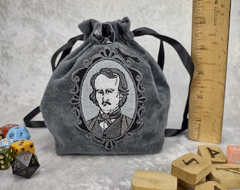 Edgar A. Poe, Poe, Embroidered, Stand Up Dice Bag, Runes Bag, Gift Bag, Drawstring Pouch for Gamers, RPG