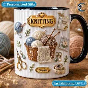 Tazza personalizzata con nome e motivo a maglia, tazza da caffè con cestino per filati e motivo a maglia, tazza regalo boho per amanti della maglia, tazza con nome e ago da maglia, regalo per appassionati di hobby