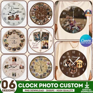 Könnte beinhalten: Sechs individuelle Fotouhren mit verschiedenen Designs werden gezeigt. Die Uhren zeigen Familienfotos, Text und römische Ziffern. Ein Design ist auf einem T-Shirt abgebildet. Der Text "CLOCK PHOTO CUSTOM" befindet sich am unteren Rand des Bildes.