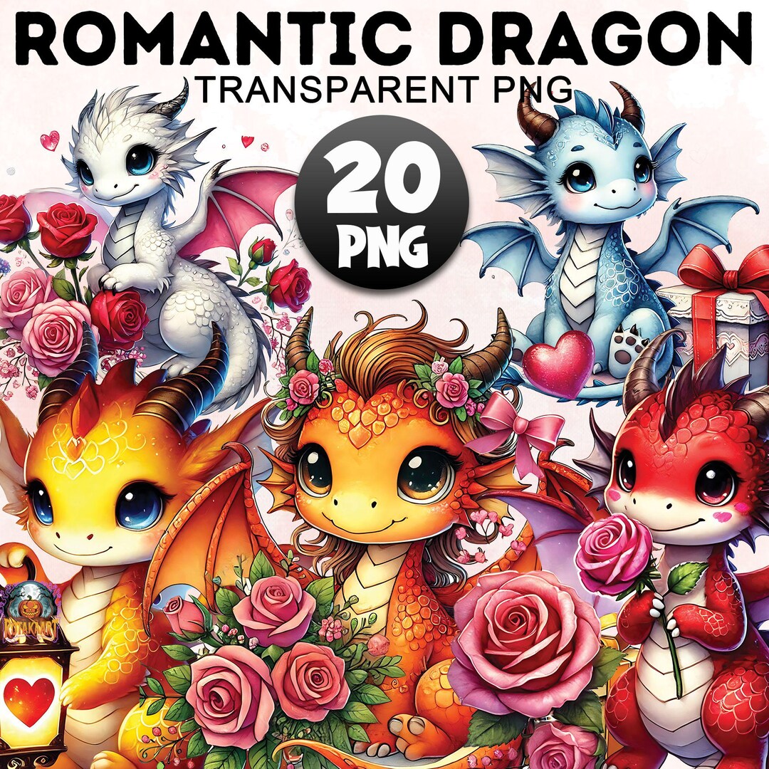 Cute Dragon Clipart Bundle, 20 PNG Happy Valentine Day, Baby Dragon ...