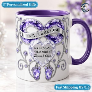 Personalized Widow Name Mug, Loss Of Husband Coffee Mug, Purple Crystal Heart Mug, Infinity Sympathy Decor Mug, Grieving Wife Comfort Gift