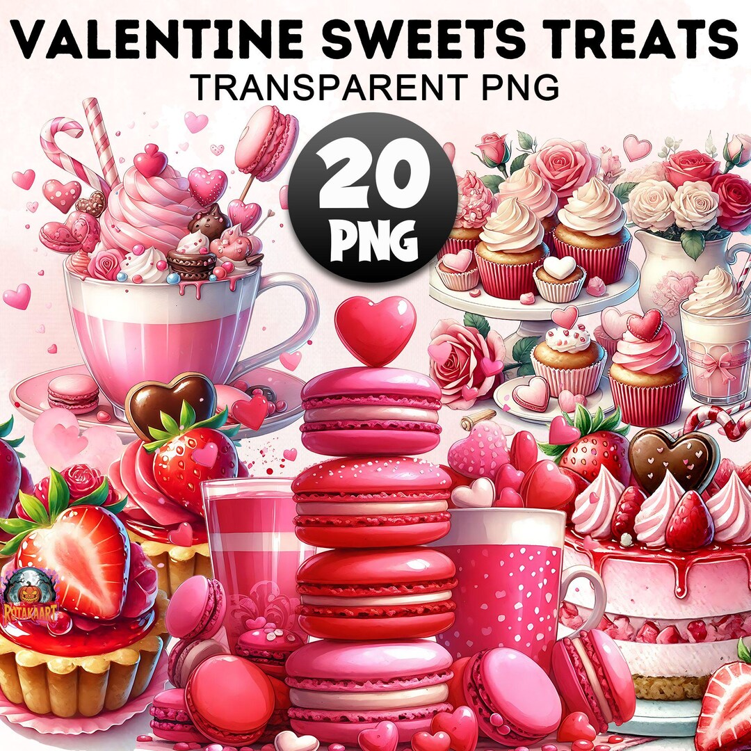 Valentin Sweets Graphics Sweets Treats Clipart Bundle, 20 PNG Valentine, Love Heart Clipart ...
