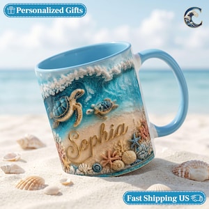 Taza personalizada de tortuga marina, taza de café 3D con olas del océano, taza de regalo para amantes de las tortugas, taza personalizada con nombre para la playa oceánica, regalo para amantes de los animales marinos