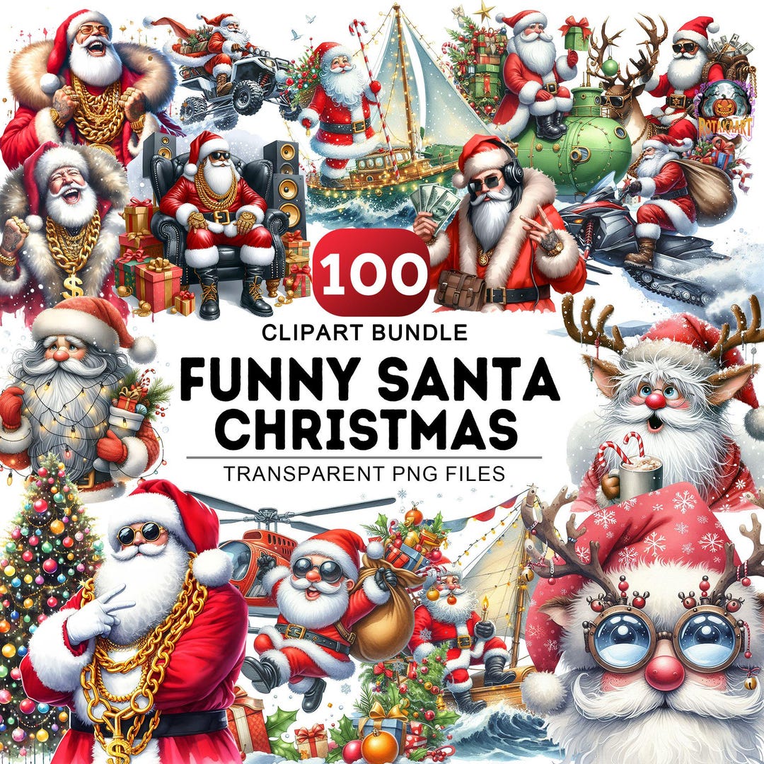 Gift Raper Santa Watercolor Funny Santa Christmas Clipart, 100 Png Quirky Santa Claus ...