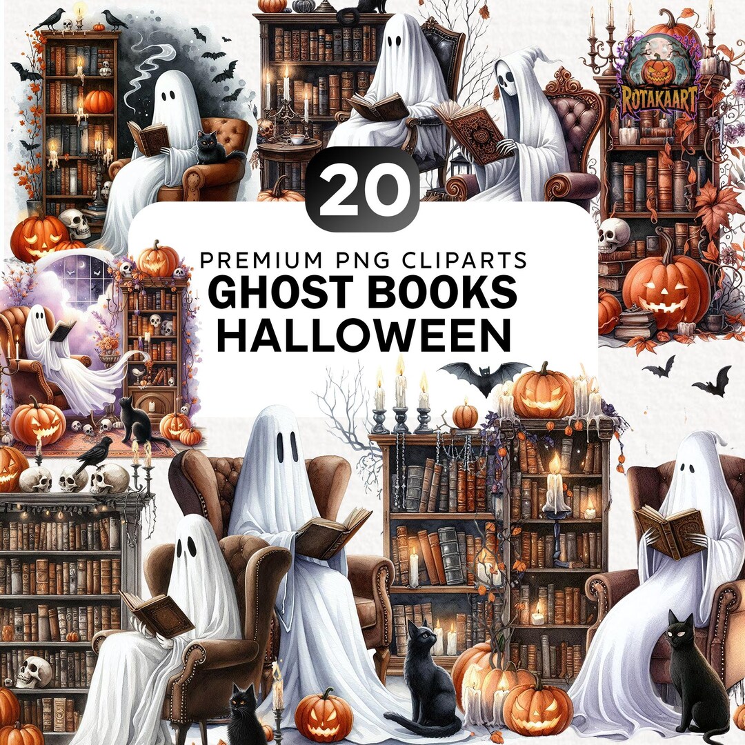 20+ Retro Ghost Reading Books Clipart Bundle, Librarian Ghost Png ...