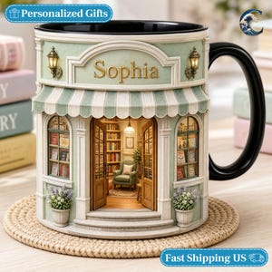 Benutzerdefinierte Name Buchladen Becher, gemütliche Buchladen Kaffeetasse, Buch-Liebhaber Schaufenster Geschenk Becher, Bibliothek Name Becher, gemütliche Leser Geburtstagsgeschenk