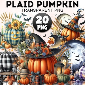 May include: A digital collection of 20 PNG files titled PLAID PUMPKIN TRANSPARENT PNG featuring orange and blue plaid pumpkins, witch hats, sunflowers, autumn leaves, bats, lanterns, and full moons in a festive Halloween-themed graphic set.
